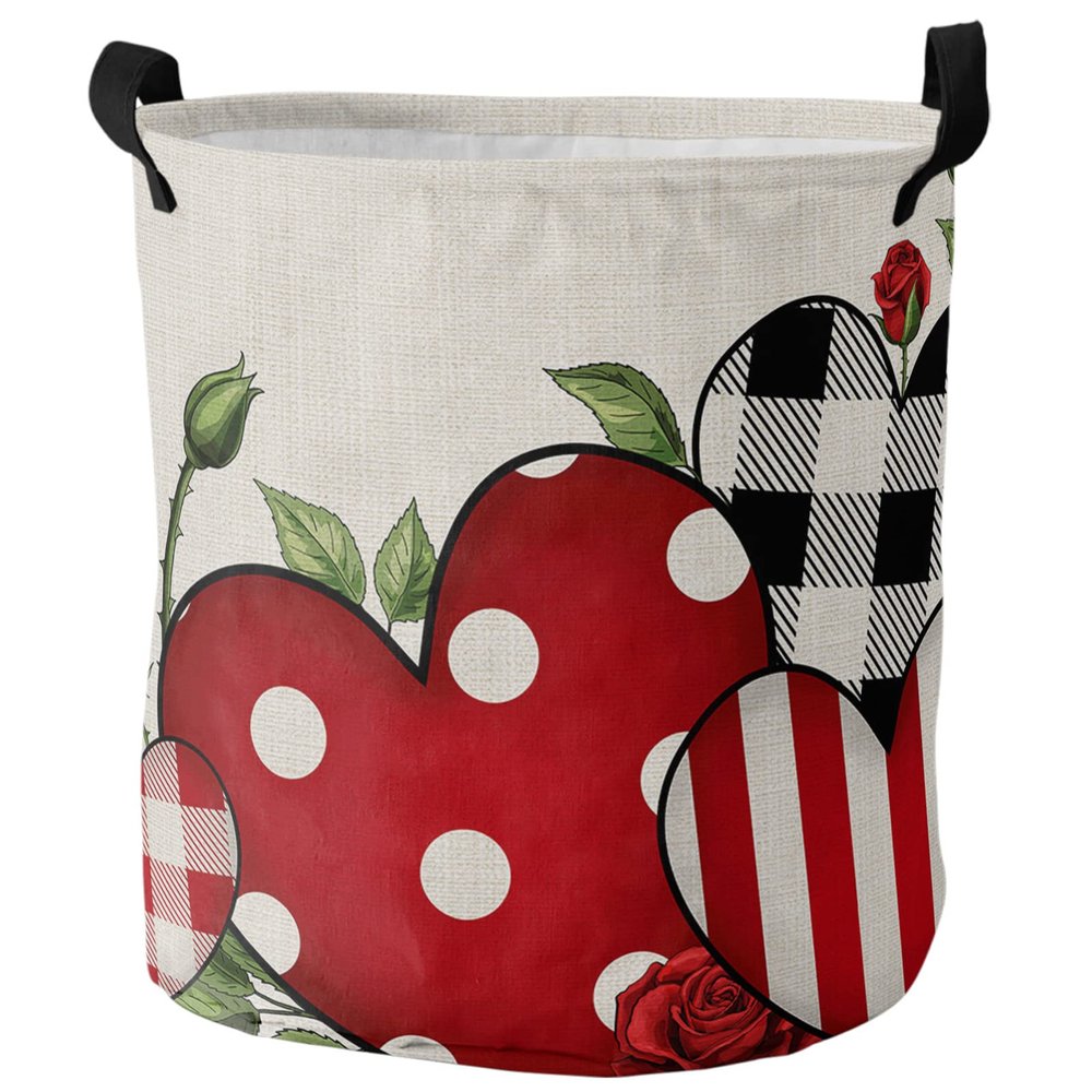Valentine's Day Large Laundry Basket, Waterproof Laundry Hamper for Baby Clothes, Red Black Love Heart Rose Burlap Texture Foldable Laundry Baskets with Handles, 13.8''x17''