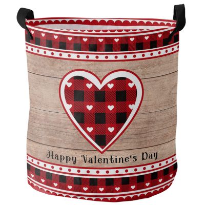 Valentine's Day Large Laundry Basket, Waterproof Laundry Hamper for Baby Clothes, Red Black Plaid Love Heart Retro Wood Grain Lace Foldable Laundry Baskets with Handles, 13.8''x17''