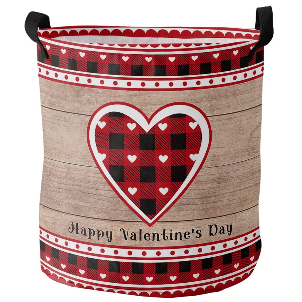 Valentine's Day Large Laundry Basket, Waterproof Laundry Hamper for Baby Clothes, Red Black Plaid Love Heart Retro Wood Grain Lace Foldable Laundry Baskets with Handles, 13.8''x17''