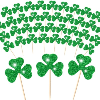 cssopenss 100 PCS St Patrick's Day Toothpicks Shamrock Cocktail Picks Fruit Sticks Food Toothpicks Green Glitter Shamrock Cupcake Toppers St Patrick's Day Party Birthday Party Snack Decorative