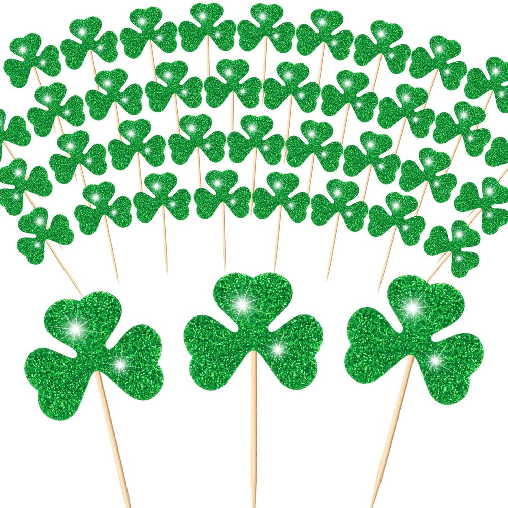 cssopenss 100 PCS St Patrick's Day Toothpicks Shamrock Cocktail Picks Fruit Sticks Food Toothpicks Green Glitter Shamrock Cupcake Toppers St Patrick's Day Party Birthday Party Snack Decorative