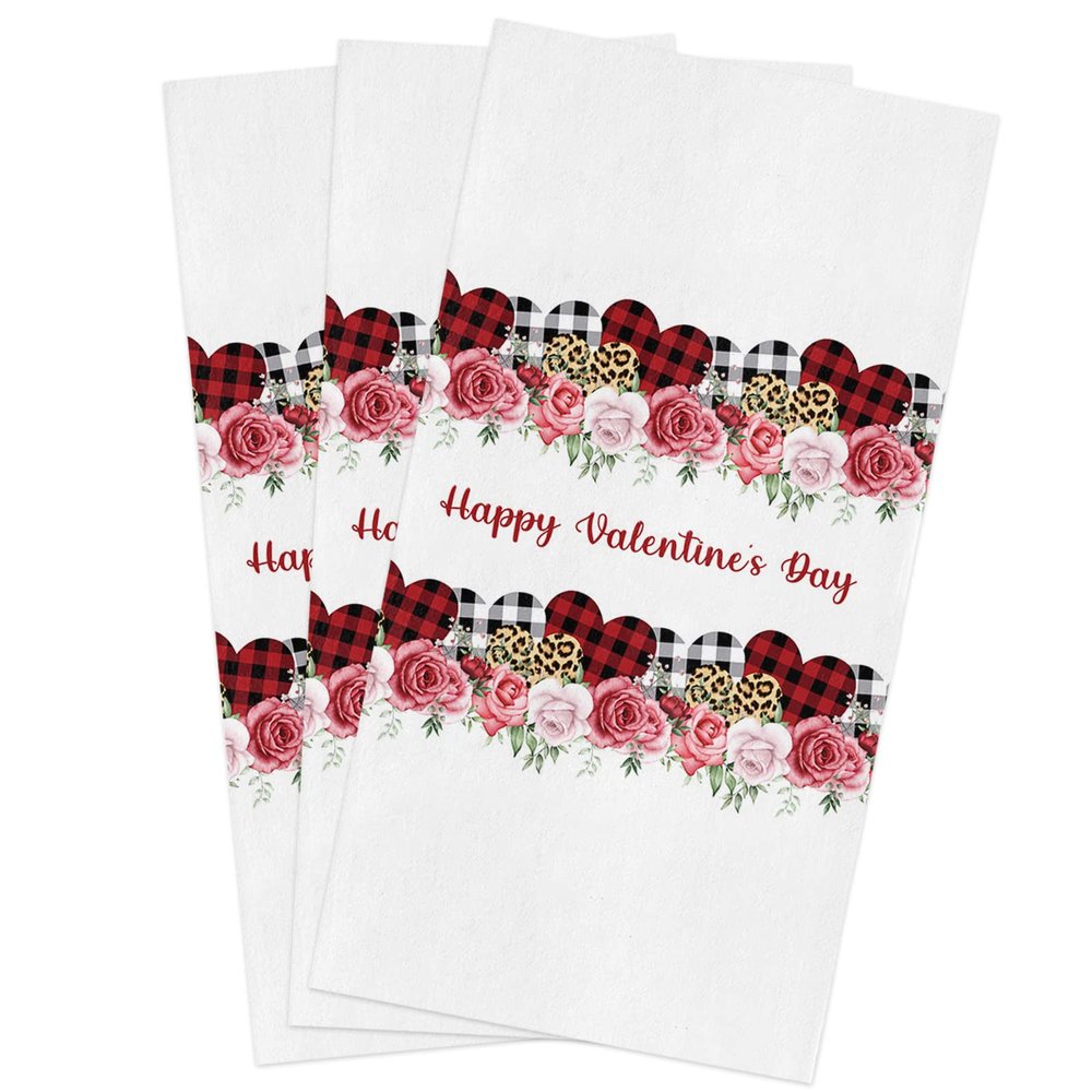 Chucoco Happy Valentine's Day Kitchen Towel Absorbent Dish Towels Love Heart Red Rose 3 Pack Soft Reusable Hand Towel Washing Cloths, Quick Drying Hanging Terry for Home Cleaning White