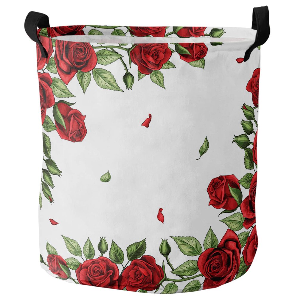 Valentine's Day Large Laundry Basket, Waterproof Laundry Hamper for Baby Clothes, Red Rose Flower Botanical Green Leaves White Foldable Laundry Baskets with Handles, 16.5''x17''