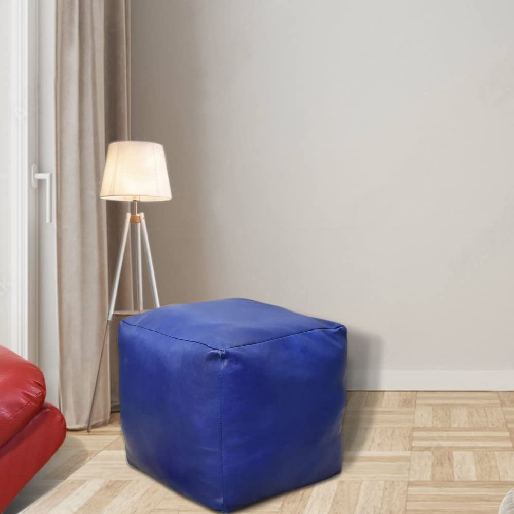 Rugsotic Carpets Square Shaped Goat Leather Handmade Eco-Friendly Blue Pouf - 16" x 16" x 16", Plain Solid, Recycled Foam with Fibre Fill Stuffed, Seating PF12