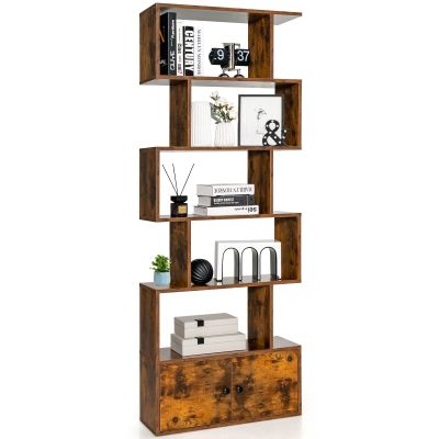 6-Tier Bookshelf with Cabinet, S-Shaped Freestanding Shelf Cabinet with Doors, Anti-Tipping Device, Wood Geometric Bookcase for Living Room, Home Office (1, Rustic Brown)