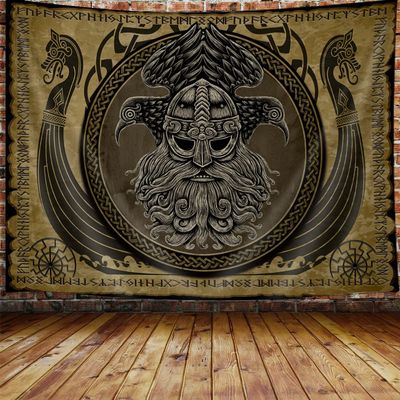 MERCHR Viking Norse Decor Tapestry, Cool Odins Ravens Tapestry Wall Hanging For Men Bedroom, Norwegian Mythology Nordic Pagan Golden Tapestries Poster Blanket College Dorm Home Decor 60X40Inches