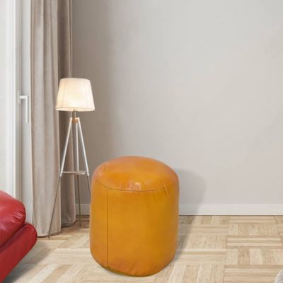 Rugsotic Carpets PF12 Goat Leather Handmade Eco-Friendly Mustard Pouf - 14" x 14" x 14", Solid Pouf, Recycled Foam with Fibre Fill Stuffed