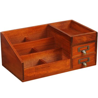 Zerodeko Wooden Desktop Organizer Compartments and Vintage Style Storage Container for Office Home and School Functional Makeup and Stationery Organizer