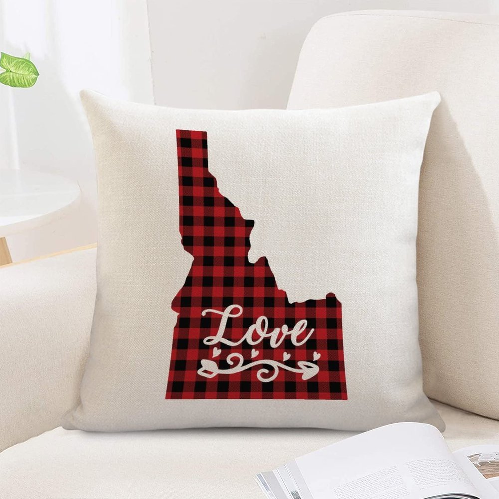 Black Red Plaid US States Map Throw Pillow Covers Idaho Love Cushion Case Happy Valentine's Day Love Heart Pillow Cover Hidden Zipper Idaho Pillow Case Decor for Sofa Bedroom Chair 18x18in