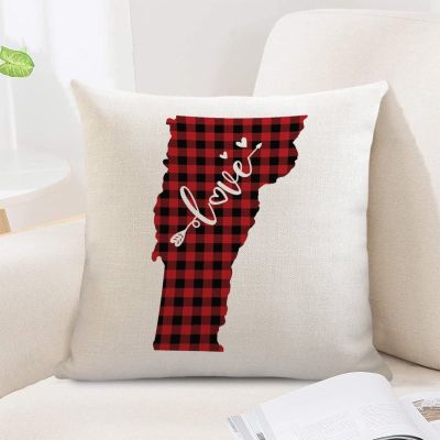Vermont Love Cushion Case Black Red Plaid US States Map Throw Pillow Covers Vermont Pillowcase Hidden Zipper Happy Valentine's Day Love Heart Pillow Case Decor for Sofa Bedroom Chair 18x18in