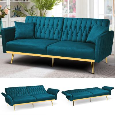 ACMEASE 70 Velvet Futon Sofa Bed w/Adjustable Armrests and Backrest, Convertible Futon Couch w/2 Pillows, Modern Sleeper Bed for Living Room, Bedroom, Teal