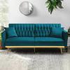 ACMEASE 70 Velvet Futon Sofa Bed w/Adjustable Armrests and Backrest, Convertible Futon Couch w/2 Pillows, Modern Sleeper Bed for Living Room, Bedroom, Teal view 2