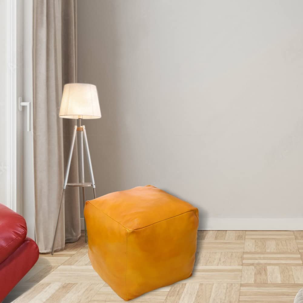 Rugsotic Carpets PF12 Square Goat Leather Handmade Eco-Friendly Mustard Pouf - 18" x 18" x 18", Plain Solid, Recycled Foam with Fibre Fill Stuffed