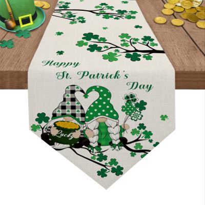 St. Patrick's Day Gnome Burlap Table Runner,Green Shamrock Retro Table Runners,Cotton Linen Dresser Scarves for Farmhouse Kitchen Dinning Party Holiday Decor Outdoor 70 inches Long