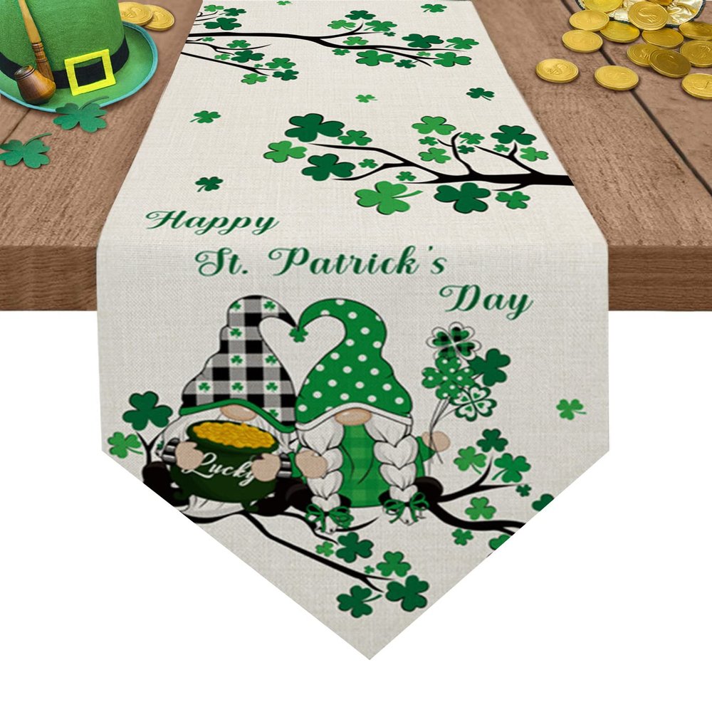 St. Patrick's Day Gnome Burlap Table Runner,Green Shamrock Retro Table Runners,Cotton Linen Dresser Scarves for Farmhouse Kitchen Dinning Party Holiday Decor Outdoor 70 inches Long