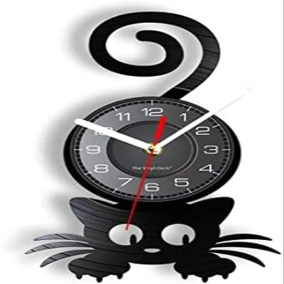 30cm Wall Clock Crazy Cat Lady Wall Art Silhouette Cat Funny Tail Home Decoration Wall Clock Black Vinyl Record Clock Cat Pet Lover
