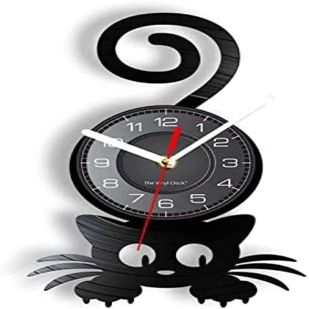30cm Wall Clock Crazy Cat Lady Wall Art Silhouette Cat Funny Tail Home Decoration Wall Clock Black Vinyl Record Clock Cat Pet Lover