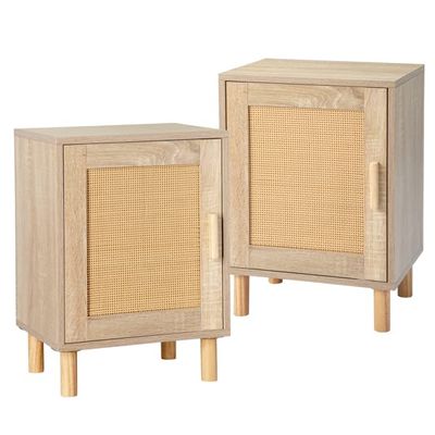 Rattan Nightstand Set of 2, Rattan Cabinet, Nightstand with Rattan Decorated Door and Solid Wood Legs, End Table with Storage for Bedroom, Living Room, Hallway and Small Spaces, Rustic Natural