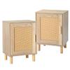 Rattan Nightstand Set of 2, Rattan Cabinet, Nightstand with Rattan Decorated Door and Solid Wood Legs, End Table with Storage for Bedroom, Living Room, Hallway and Small Spaces, Rustic Natural view 1