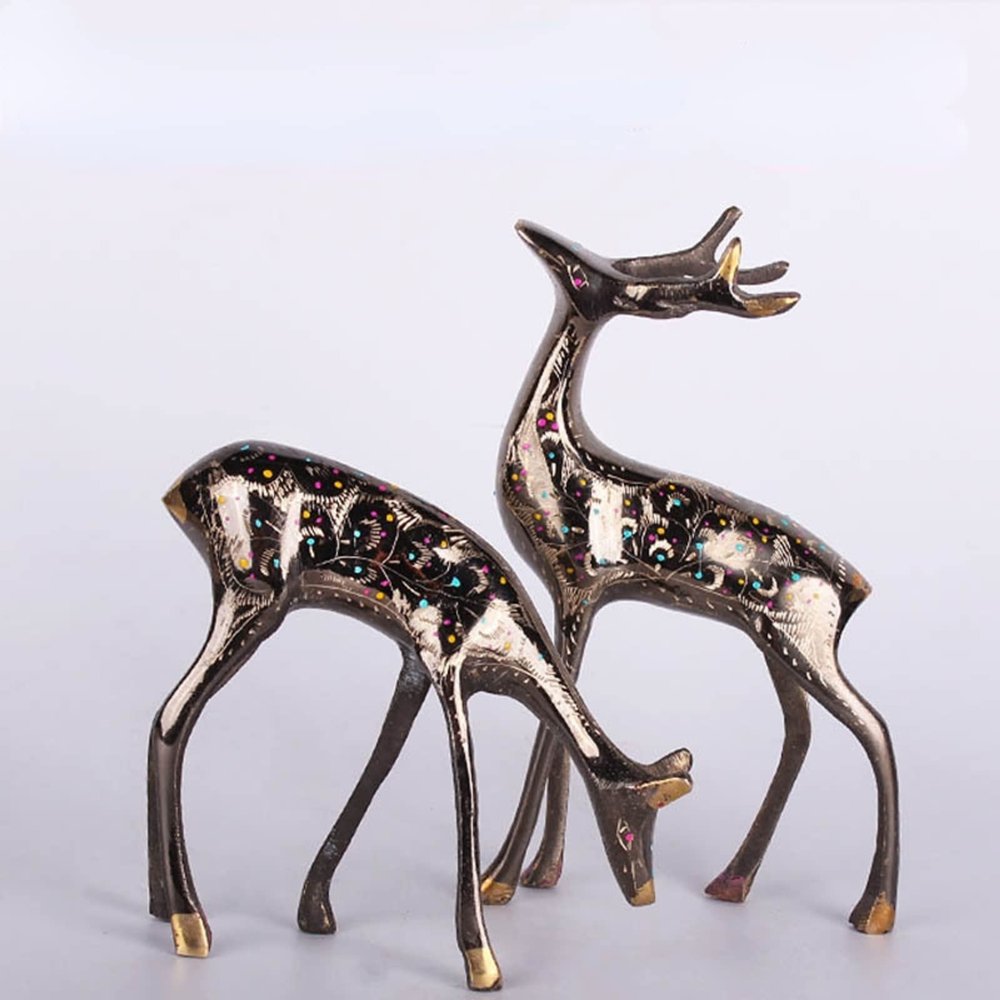 2Pcs Brass Couple Deer Sculpture,Pakistan Metal Hand-Carved Copper Animal Elk Statue Model Crafts Desktop Ornament Bar Home Living Room Bookshelf Wine Cabinet Decor Accessories