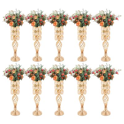 10 * 19.7" H Gold Wedding Flower Vases for Centerpieces with Crystal Beads Metal Trumpet Vase Tables Wedding Centerpieces Metal Flower Road Lead Stand for Birthday, Event, Home Decor