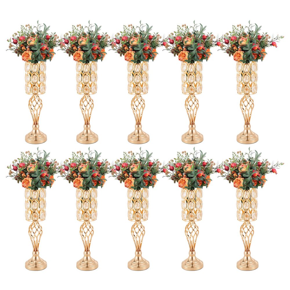 10 * 19.7" H Gold Wedding Flower Vases for Centerpieces with Crystal Beads Metal Trumpet Vase Tables Wedding Centerpieces Metal Flower Road Lead Stand for Birthday, Event, Home Decor