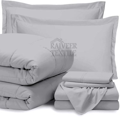 Bed-In-A-Bag 7 Piece Comforter & Sheet Set 16" Deep Pocket- Twin Size Light Grey Color Bedding Sets Include - 1 Comforter(400GSM), 1 Flat Sheet,1 Fitted Sheet, 2 Pillowcase & 2 Pillow sham