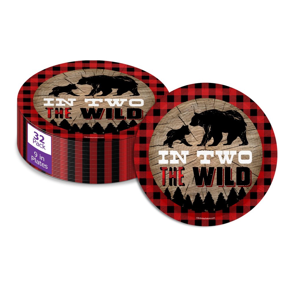 In Two The Wild Rustic Second Birthday - 32 Piece Disposable Party Supplies - Decorations for Boy's Wild Animal 2nd Birthday Round Party Plates - Large 9" Paper Plates In Bulk