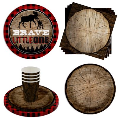 Brave Little One Tree Baby Boys 1st Birthday Party Supplies - 64 Piece Rustic Moose First Birthday Tableware Set Includes Large 9" Dinner Plates and 7" Dessert Paper Plates Napkins Cups - Kit for 16