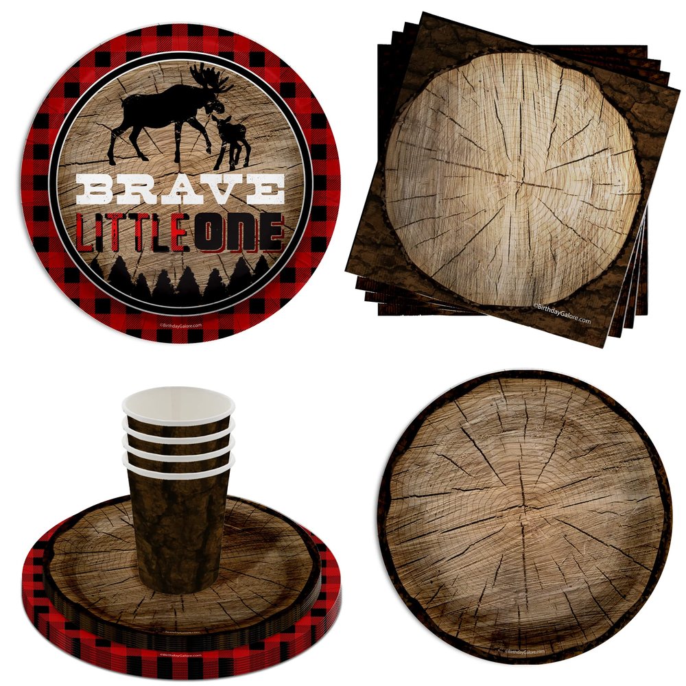 Brave Little One Tree Baby Boys 1st Birthday Party Supplies - 64 Piece Rustic Moose First Birthday Tableware Set Includes Large 9" Dinner Plates and 7" Dessert Paper Plates Napkins Cups - Kit for 16