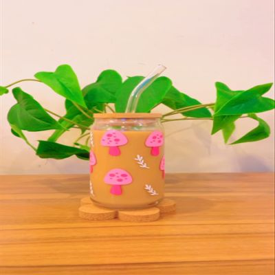 Iced Coffee Glass Cup with Bamboo Lid and Straw | 16oz Beer Can Glass | beer glass Cup | Can Shaped Glass Soda Can Cup | mushroom Glass Cup pink, Beer Glass Can, Glass Coffee Cup