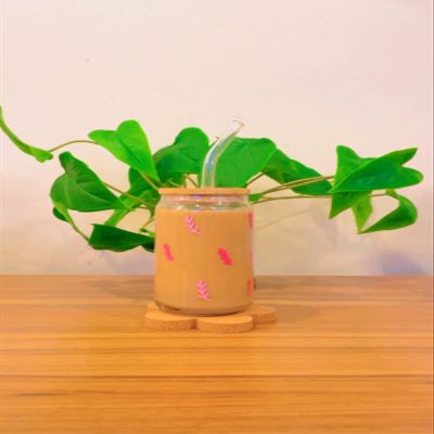 Iced Coffee Glass Cup with Bamboo Lid and Straw | 16oz Beer Can Glass | beer glass Cup | Can Shaped Glass Soda Can Cup | leaf Glass Cup, Beer Glass Can, Glass Coffee Cup