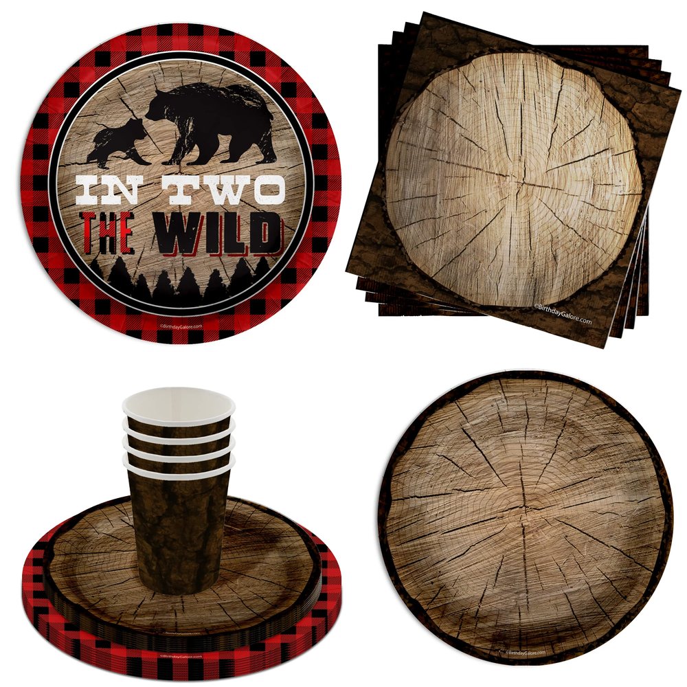 In Two The Wild Tree Boys 2nd Birthday Party Supplies - 64 Piece Rustic Bear Second Birthday Tableware Set Includes Large 9" Dinner Plates and 7" Dessert Paper Plates Napkins Cups - Kit for 16