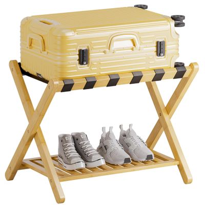SMIBUY Luggage Rack, Foldable Bamboo Suitcase Stand with Storage Shelf for Guest Room, Bedroom, Hotel, Heavy-Duty, 1 Pack (Natural)