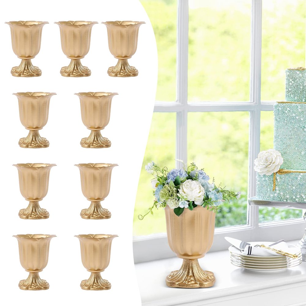 10PCs Gold Versatile Metal Wedding Centerpieces Vase(H: 5.5/ 14cm), Elegant Metal Flower Arrangement Stand, Tabletop Metal Flower Vase for Wedding Party Dinner Event Hotel Home Decor (Gold)