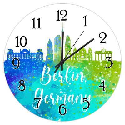 Germany Berlin Skyline Hanging Wall Clock Germany Berlin Watercolor Art Cityscape Clocks Colorful City Landscape Wood Round Clock Battery Operated Silent Wood Clocks for Living Room 10inch