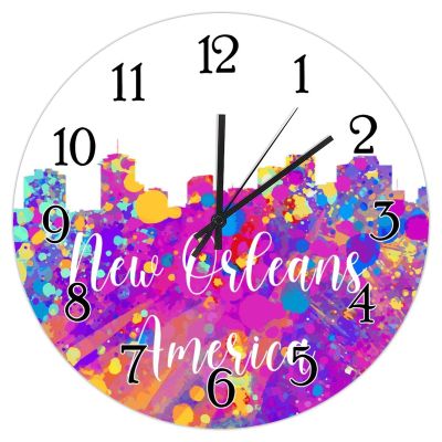 America New Orleans Colorful City Skyline Clock for Wall Silent Non-Ticking Clocks America New Orleans Skyline Round Clock Watercolor Art Cityscape Wall Clock for Home Office 10inch