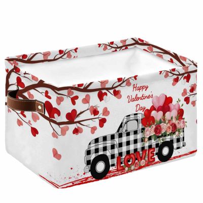 Valentines Love-Tree Cube Storage Organizer Bins with Handles,15x11x9.5 Inch Collapsible Canvas Cloth Fabric Storage Basket,Red Pink Flower Black White Check Truck Books Boxes for Shelves,Closet