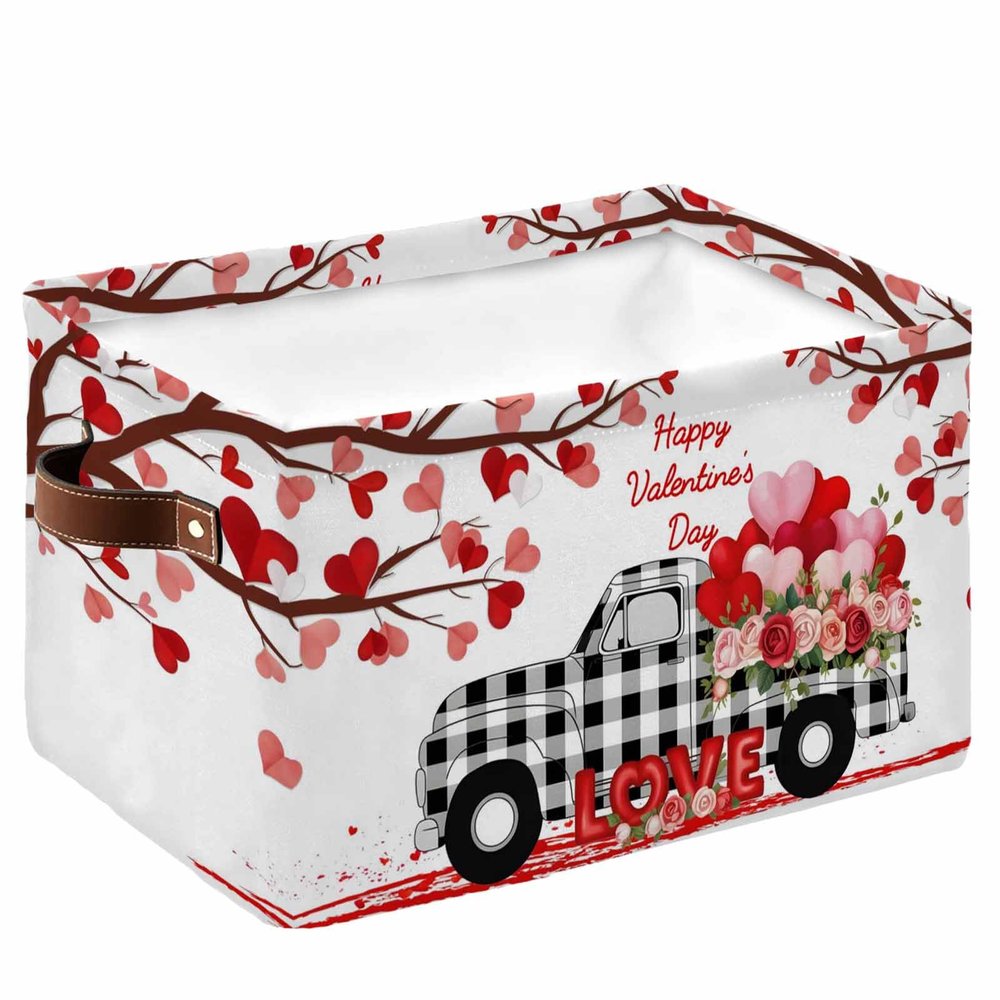 Valentines Love-Tree Cube Storage Organizer Bins with Handles,15x11x9.5 Inch Collapsible Canvas Cloth Fabric Storage Basket,Red Pink Flower Black White Check Truck Books Boxes for Shelves,Closet