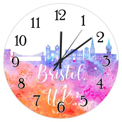 United Kingdom Bristol Watercolor Art Clock for Wall United Kingdom Bristol Colorful Cityscape Skyline Clocks Battery Operated Clock Skyline in Watercolor Round Clock for Bedroom 10inch