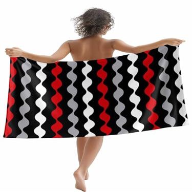 Turkish Beach Towel Oversized Sand Free Beach Towels Blanket - Black and Red Geometric Texture Super Absorbent Quick Dry Microfiber Pool Towels Soft Gym Travel Picnic Bath Towels for Kid Adults