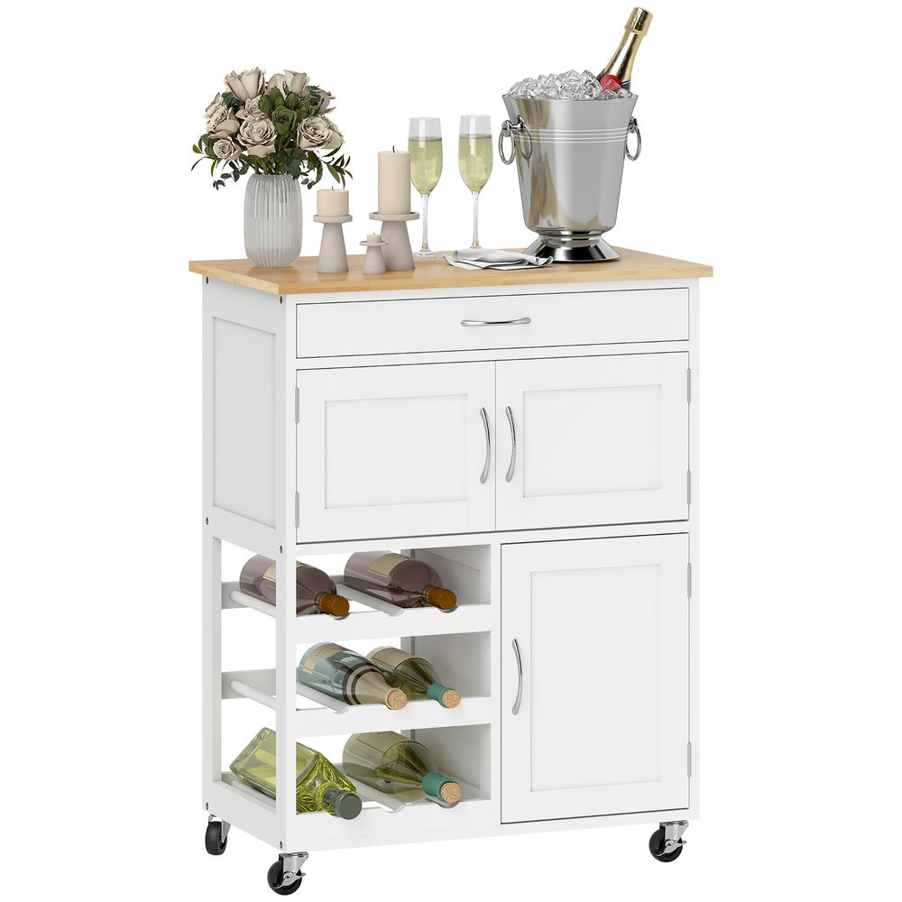 HOMCOM Bar Cart Rolling Kitchen Island on Wheels with 9-Bottle Wine Rack, Small Kitchen Cart with Wide Drawer, Kitchen Storage Cabinets, Wooden Countertop, White