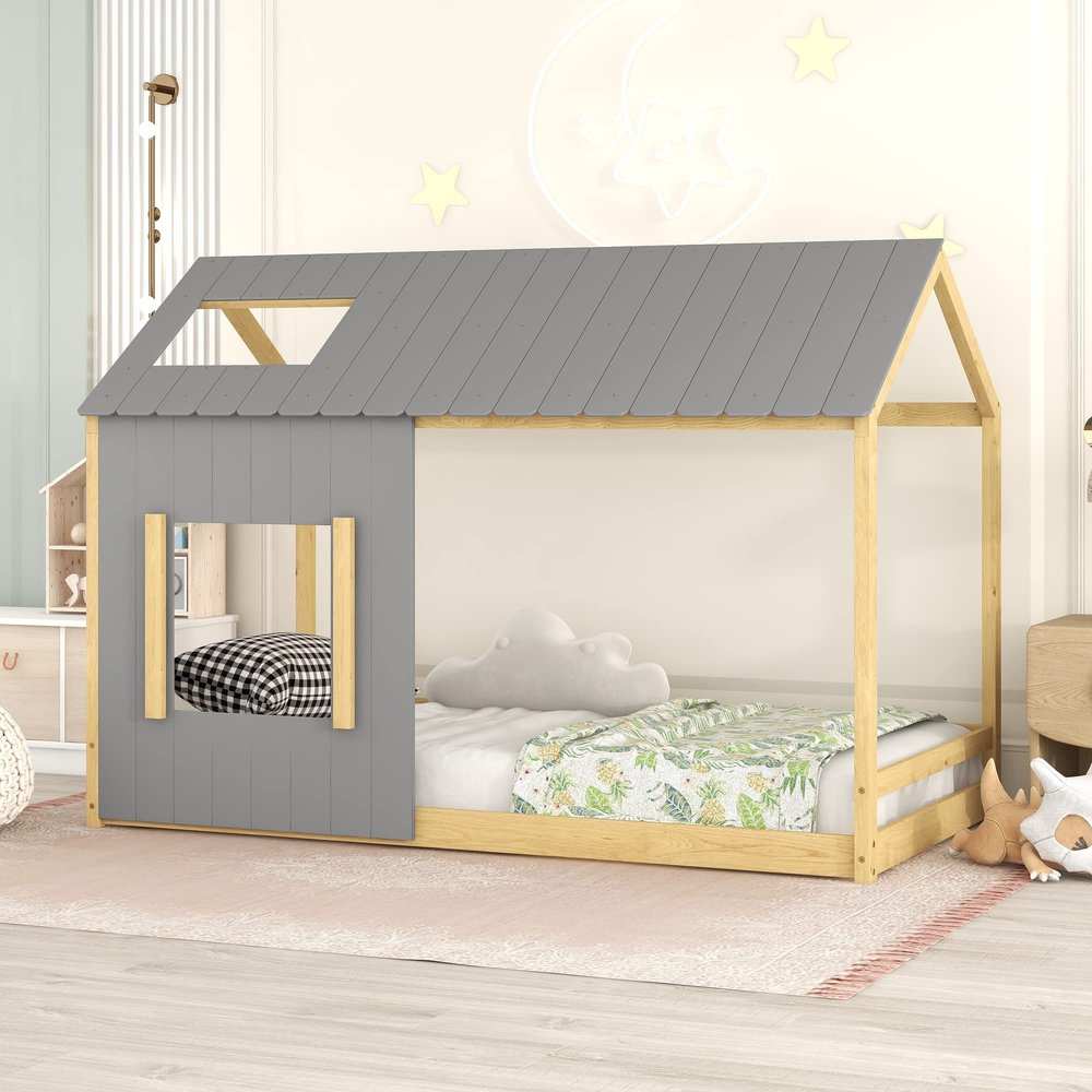 CNANXU Wood Twin Size House Bed Frame with Roof and Window,Canopy Platform Bed, Playhouse Bed for Boys and Girls,Low House Bed with Headboard and Footboard,No Box Spring Needed (Gray+Natural, Twin)