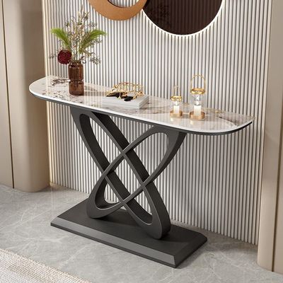 KWOKING Modern Console Accent Table Antique Finish Half Moon Console Sofa Table Rock Slab Porch Table Living Room Porch Table Foyer Corridor Cabinet Black Base Pandora Gold Top 47" L x 12" W x 31" H