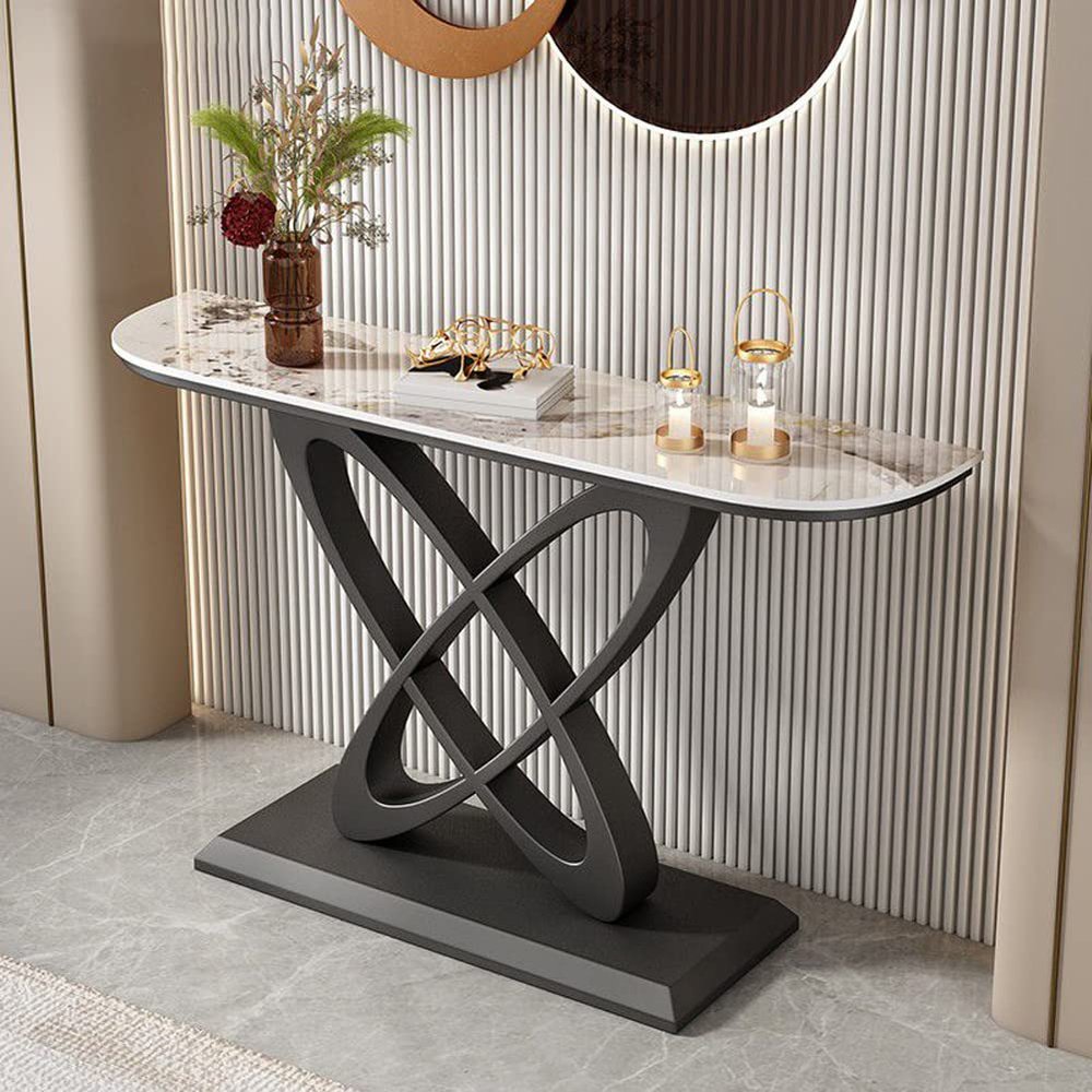 KWOKING Modern Console Accent Table Antique Finish Half Moon Console Sofa Table Rock Slab Porch Table Living Room Porch Table Foyer Corridor Cabinet Black Base Pandora Gold Top 47" L x 12" W x 31" H