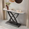 KWOKING Modern Console Accent Table Antique Finish Half Moon Console Sofa Table Rock Slab Porch Table Living Room Porch Table Foyer Corridor Cabinet Black Base Pandora Gold Top 47" L x 12" W x 31" H view 1