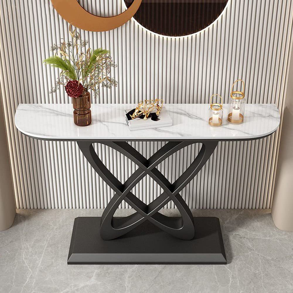 KWOKING Modern Console Accent Table Antique Finish Half Moon Console Sofa Table Rock Slab Porch Table Living Room Porch Table Entry Foyer Corridor Porch Cabinet Black Base White Top 47"L x 12"W x 31"H