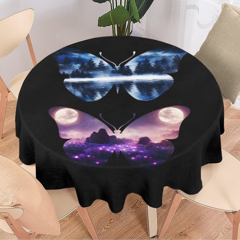 Colorful Butterflies Print Round Tablecloth -Fantasy Forest Lavender Field Butterfly Design Design Waterproof Antiwrinkle Tablecloths,Circular Table Cover,Parties, Weddings, Kitchen Table Cover 70
