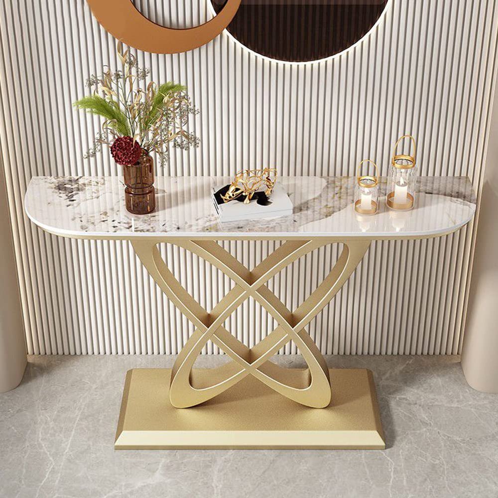 KWOKING Modern Console Accent Table Antique Finish Half Moon Console Sofa Table Rock Slab Porch Table Living Room Porch Table Foyer Corridor Cabinet Gold Base Pandora Gold Top 47" L x 12" W x 31" H