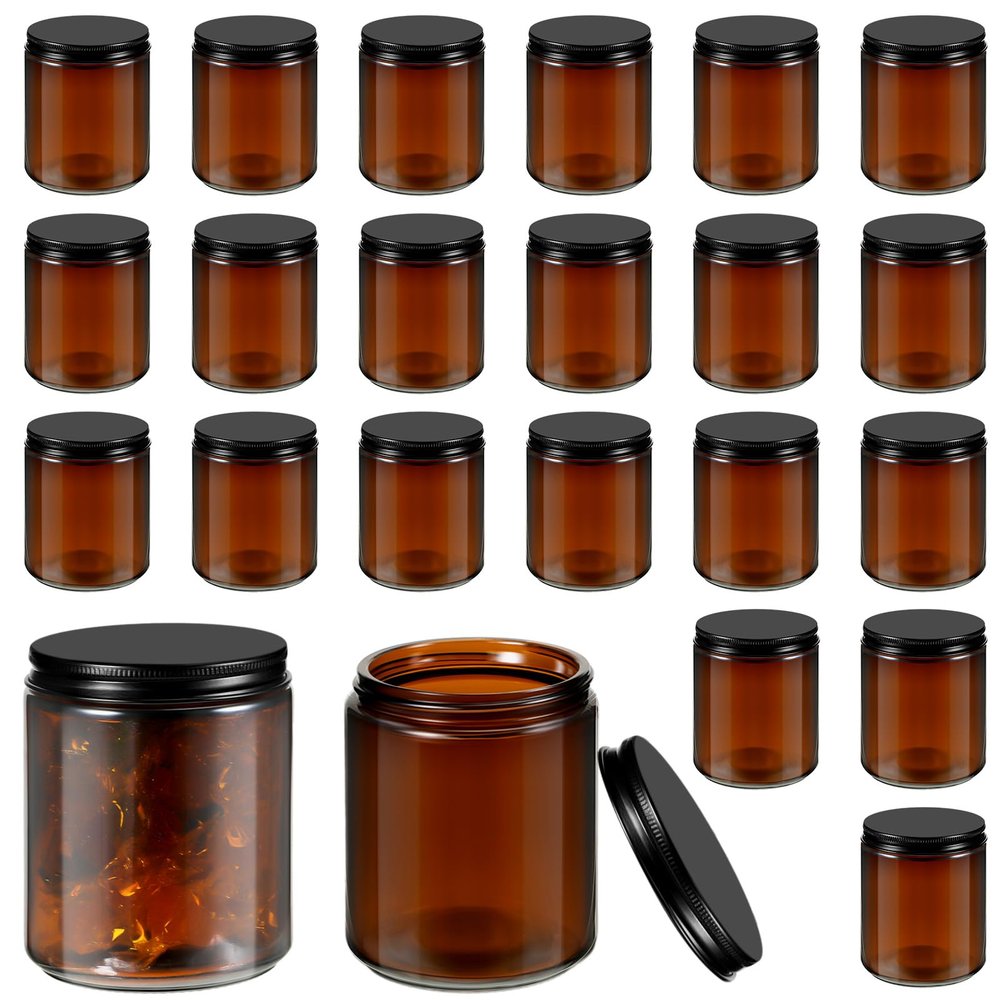 Lallisa 32 Pcs 8 oz Amber Glass Jars with Black Lids Round Glass Cosmetic Jars with Lids Empty Amber Containers Refillable Food Storage Containers for Spice Powder Liquid Sample Makeup